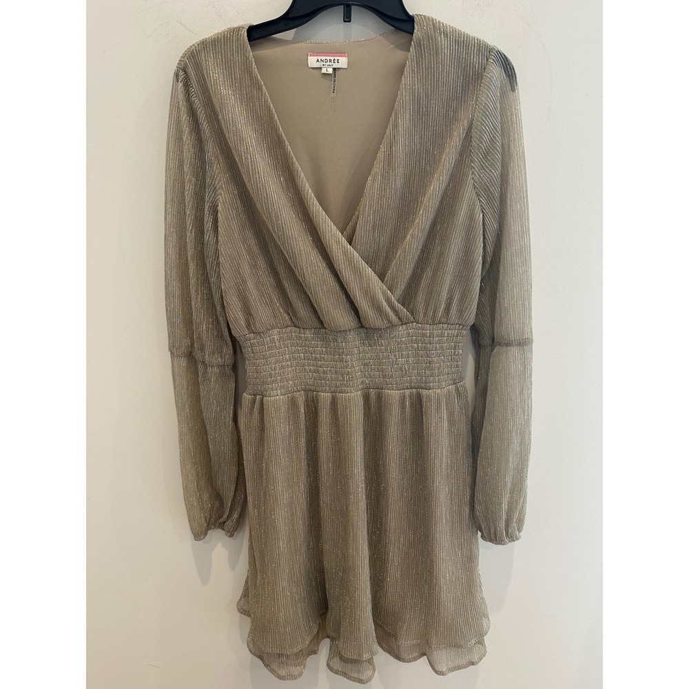 Andree by Unit Champagne Gold Metallic Pleated Smocked Mini Dress Large 94214